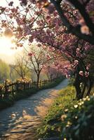 ai generado un sereno Mañana escena presentando primavera flores, foto