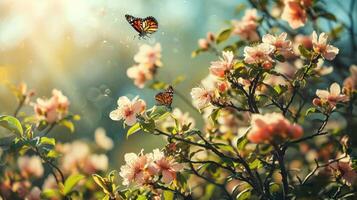 ai generado un primavera fiesta antecedentes adornado con flores, mariposas foto