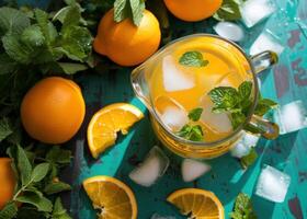 AI generated a pitcher of delicious orange lemonade with ice cubes surrounded photo