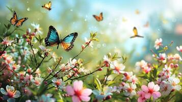 ai generado un primavera fiesta antecedentes adornado con flores, mariposas foto