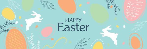 Happy Easter banner. Easter design in pastel colors with hand drawn leaves, eggs and bunnies. vector