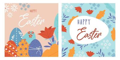 Two bright cards with flowers and Easter eggs, Happy Easter. Happy easter. vector