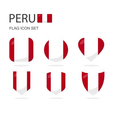 Peru 3d flag icons of 6 shapes all isolated on white background.