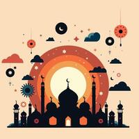 Silhouette landscape of mosque with shiny sky for ramadan design graphic in muslim culture and islam religion. Vector illustration of background mosque in the night for Islamic wallpaper design