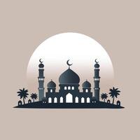 Silhouette landscape of mosque with shiny sky for ramadan design graphic in muslim culture and islam religion. Vector illustration of background mosque in the night for Islamic wallpaper design