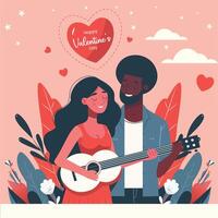 romántico Pareja en amor con guiter celebrando San Valentín día vector