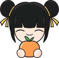 Chinese New Year, Cute Mascot Kid with Black Hair Holding Orange and Cartoon illustration.Chinese New Year, Cute Mascot Kid with Black Hair Holding Orange and Cartoon illustration. vector