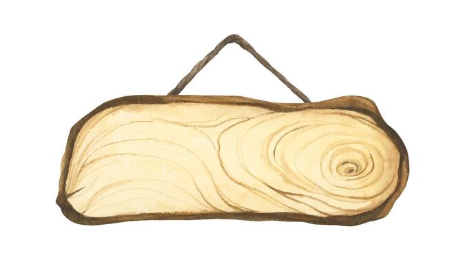 Wooden signboard. Tree trunk cross section. Hand painted wooden texture board. Tree rings. Rustic natural eco design for wedding, cards, invitations. Watercolor style.