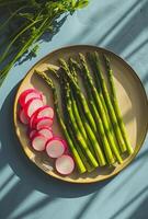 AI generated a plate of asparagus, a bottle of dressing, and skewers photo