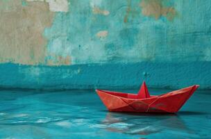 ai generado un pequeño papel barco con rojo vela en de madera cubierta foto