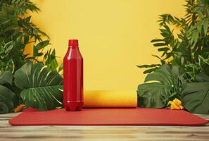 AI generated a red and yellow yoga mat, red workout bottle photo