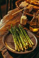 AI generated a plate of asparagus, a bottle of dressing, and skewers photo