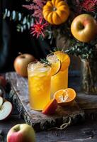 AI generated an orange fizz is shown next to apples on a board photo