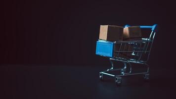 Shopping concept. Paper boxes in blue shopping cart with sale price tag on white background. online shopping consumers can shop from home and delivery service. with copy space. photo