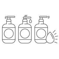 Plastic bottle icons set with dispenser pump for liquid soap, gel,lotion,cream,shampoo,bath foam and other cosmetics.Instructions for use.Editable Stroke. Vector illustration EPS 10.