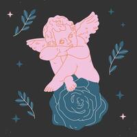 Angel child with wings. Cherub or Cupid.Antique pink angel sitting on the rose.Baby angel statue resting. Valentine's Day, romantic holiday concept. Logo, card, print template vector