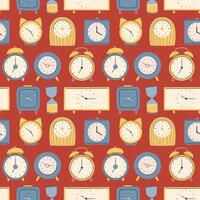 Different types of watches in trendy style. Clock poster, pattern set. Fashionable modern hand-drawn style.Vector vector