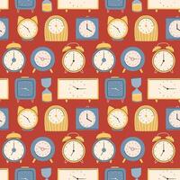 Different types of watches in trendy style. Clock poster, pattern set. Fashionable modern hand-drawn style.Vector vector