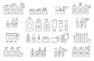 Skin care line icons set.Makeup illustration sign collection.Various different cosmetic products and simple instructions. Packaging in different shapes for skincare products. Editable Stroke. Vector