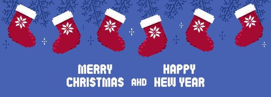 Pixel art Christmas and Happy New Year banner with socks.Pixelated simple and trendy winter decorations. Merry Christmas print. vector