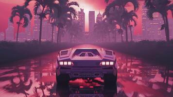 Loop car driving on wet asphalt in retro style at sunset video