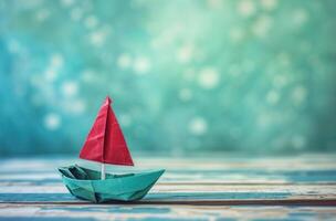 AI generated a small paper boat with red sail on wooden deck photo