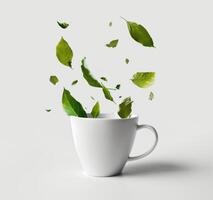 AI generated a white cup with leaves falling from it photo