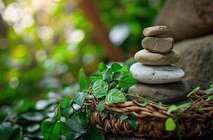 AI generated a stack of rocks in a basket with fresh green foliage photo