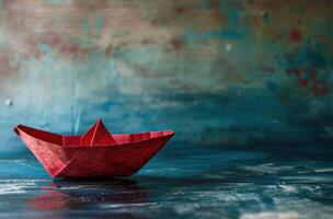 ai generado un pequeño papel barco con rojo vela en de madera cubierta foto