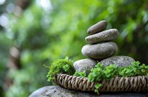 AI generated a stack of rocks in a basket with fresh green foliage photo