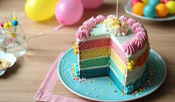 AI generated a two layer rainbow colorful cake with balloons photo