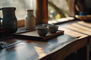 ai generado un de madera encimera es mostrado con Tres tazas y un bandeja foto