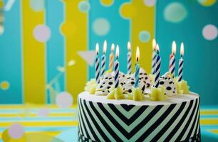 AI generated birthday cake holding burning candles photo