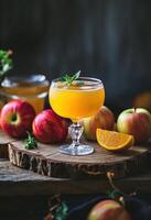 AI generated an orange fizz is shown next to apples on a board photo