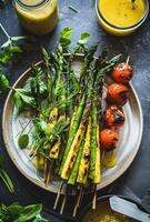 AI generated a plate of asparagus, a bottle of dressing, and skewers photo