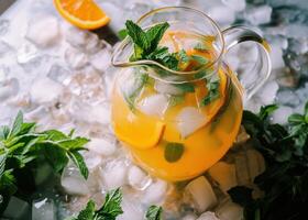 AI generated a pitcher of delicious orange lemonade with ice cubes surrounded photo