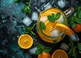 AI generated a pitcher of delicious orange lemonade with ice cubes surrounded photo