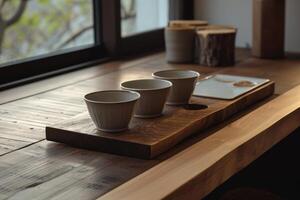 AI generated a wooden countertop is shown with three cups and a tray photo