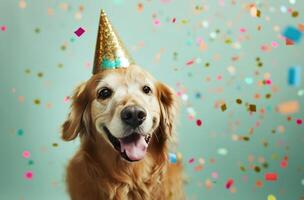 ai generado cumpleaños de perro con fiesta sombrero y papel picado foto