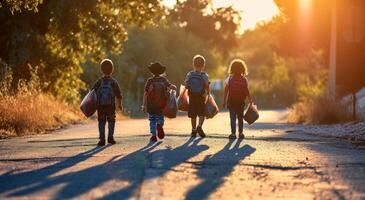 AI generated kids are walking down road with their backpacks photo