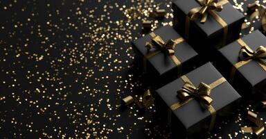 AI generated black gift boxes and gold confetti on black background photo