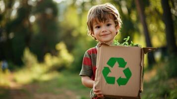 AI generated boy holding a cardboard box with the recycle symbol photo