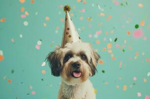 ai generado cumpleaños de perro con fiesta sombrero y papel picado foto