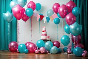 ai generado cumpleaños fiesta suministros y decoraciones, globos foto