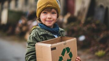 AI generated boy holding a cardboard box with the recycle symbol photo