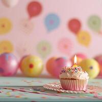 AI generated birthday party, round candle, colorful circles, decorations photo