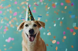 ai generado cumpleaños de perro con fiesta sombrero y papel picado foto