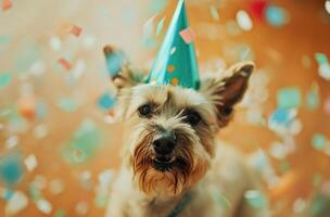 AI generated birthday of dog with party hat and confetti photo