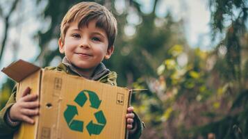 ai generado chico participación un cartulina caja con el reciclar símbolo foto