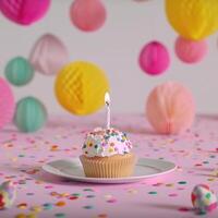 AI generated birthday party, round candle, colorful circles, decorations photo
